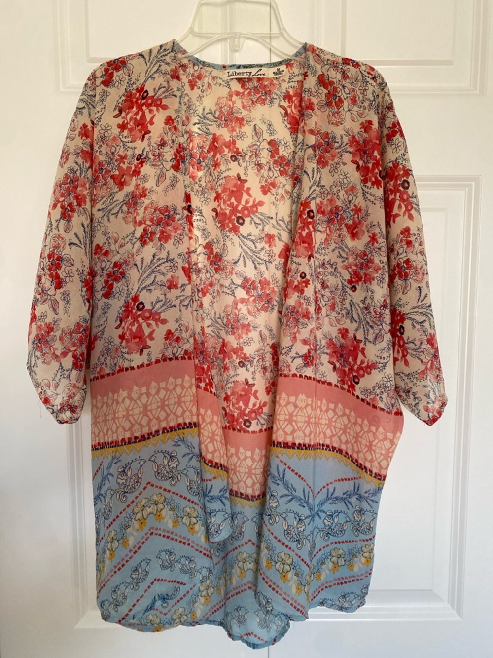 Liberty Love Coral and Light Blue Floral Border Kimono